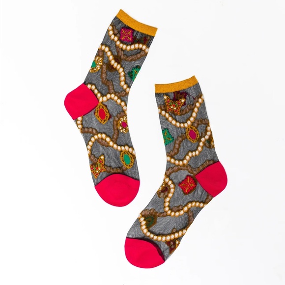 SOCK CANDY SHEER SOCKS - ' Pearl & Jewels black sheer fabric, ankle socks - Picture 2 of 14